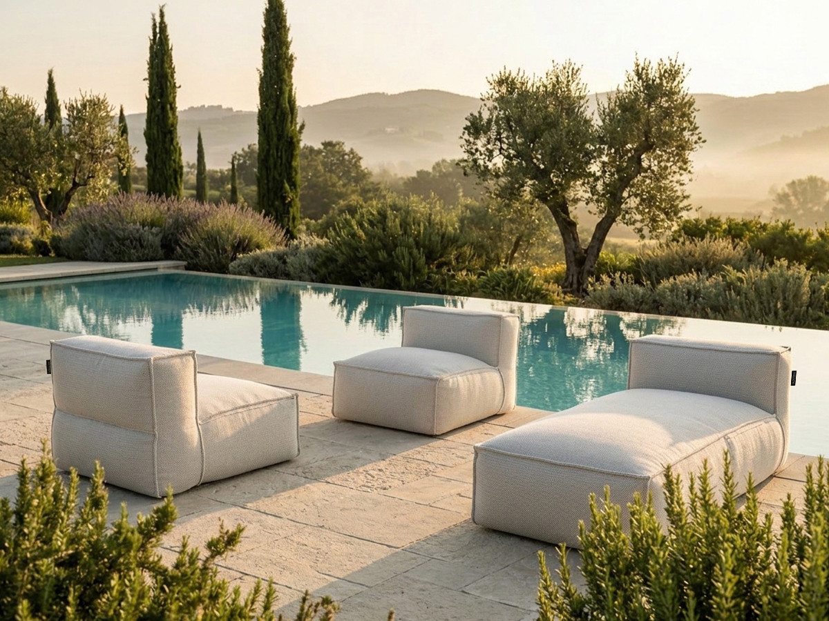 Canapé de jardin modulable BIARRITZ avec bâche de protection, 2 chauffeuses 1 place et 1 méridienne