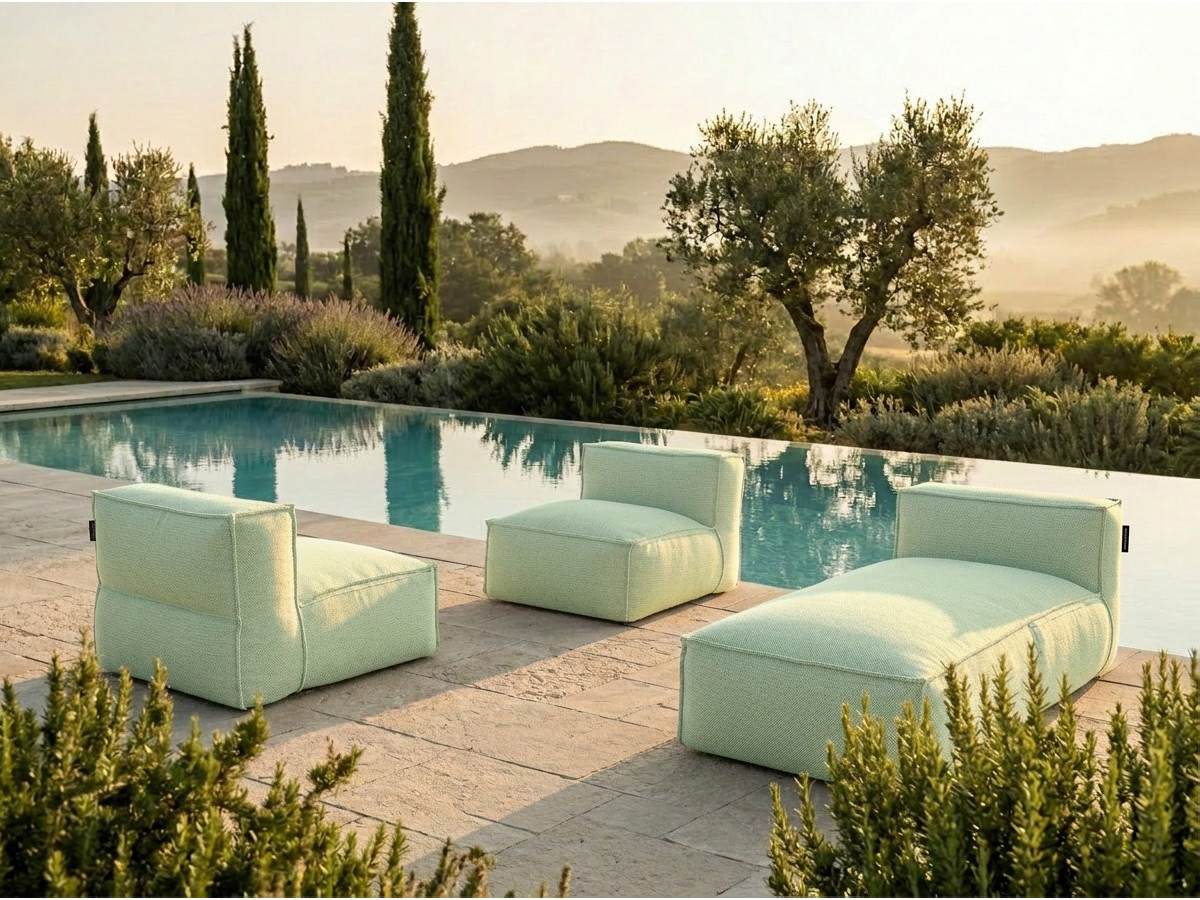 Modulaire tuinbank BIARRITZ met beschermhoes, 2 eenpersoonsfauteuils en 1 chaise longue