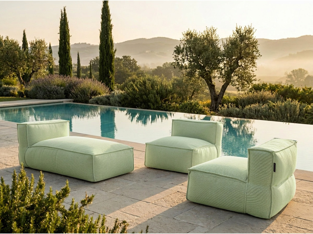 Canapé de jardin modulable BIARRITZ avec bâche de protection, 2 chauffeuses 1 place et 1 méridienne