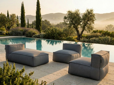 Canapé de jardin modulable BIARRITZ avec bâche de protection, 2 chauffeuses 1 place et 1 méridienne