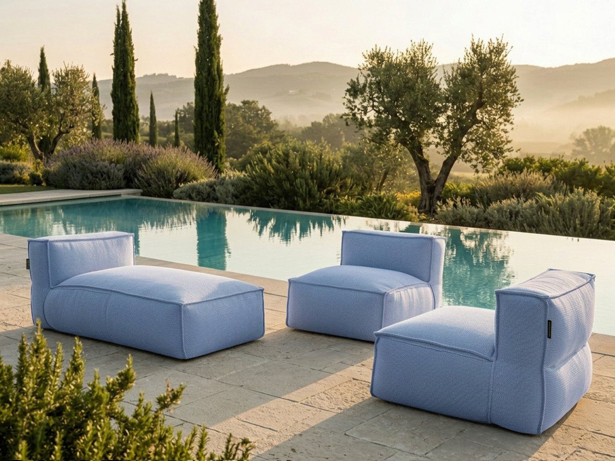 Canapé de jardin modulable BIARRITZ avec bâche de protection, 2 chauffeuses 1 place et 1 méridienne