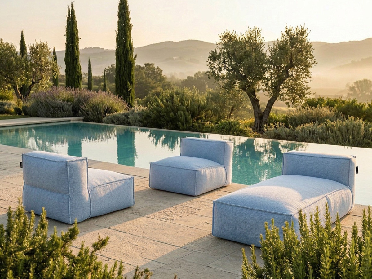 Canapé de jardin modulable BIARRITZ avec bâche de protection, 2 chauffeuses 1 place et 1 méridienne