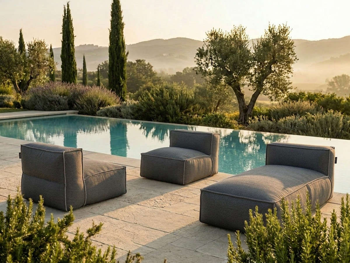 Modulaire tuinbank BIARRITZ met beschermhoes, 2 eenpersoonsfauteuils en 1 chaise longue