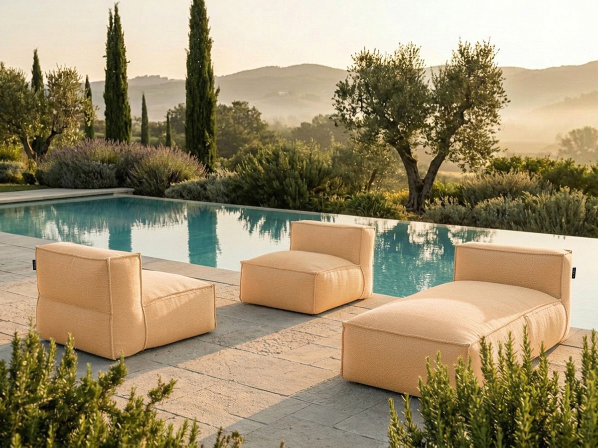 Canapé de jardin modulable BIARRITZ avec bâche de protection, 2 chauffeuses 1 place et 1 méridienne