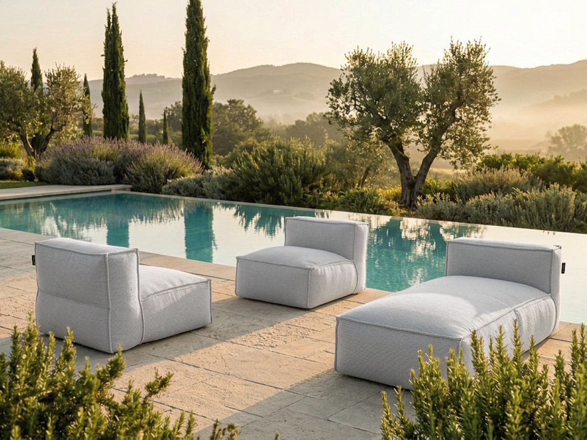 Canapé de jardin modulable BIARRITZ avec bâche de protection, 2 chauffeuses 1 place et 1 méridienne