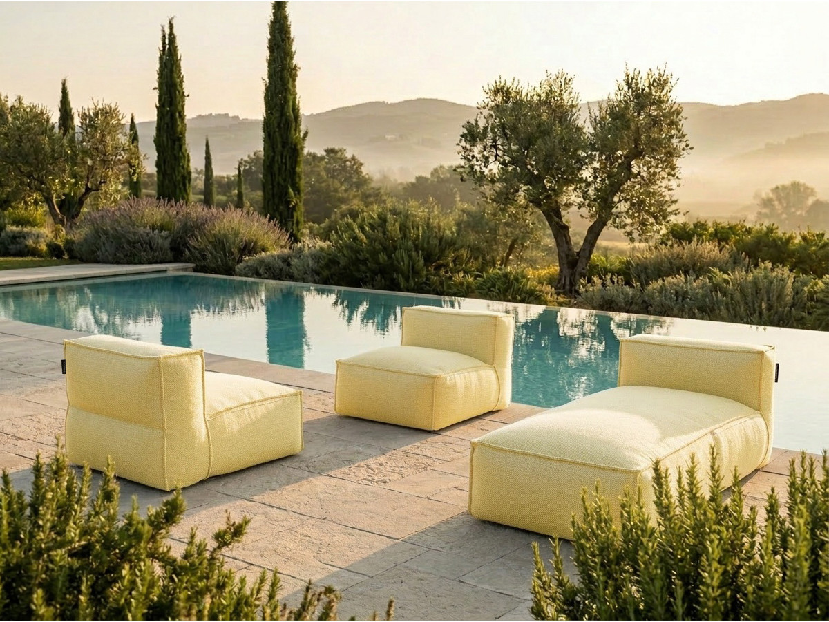 Modulaire tuinbank BIARRITZ met beschermhoes, 2 eenpersoonsfauteuils en 1 chaise longue