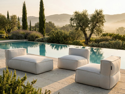 Canapé de jardin modulable BIARRITZ avec bâche de protection, 2 chauffeuses 1 place et 1 méridienne