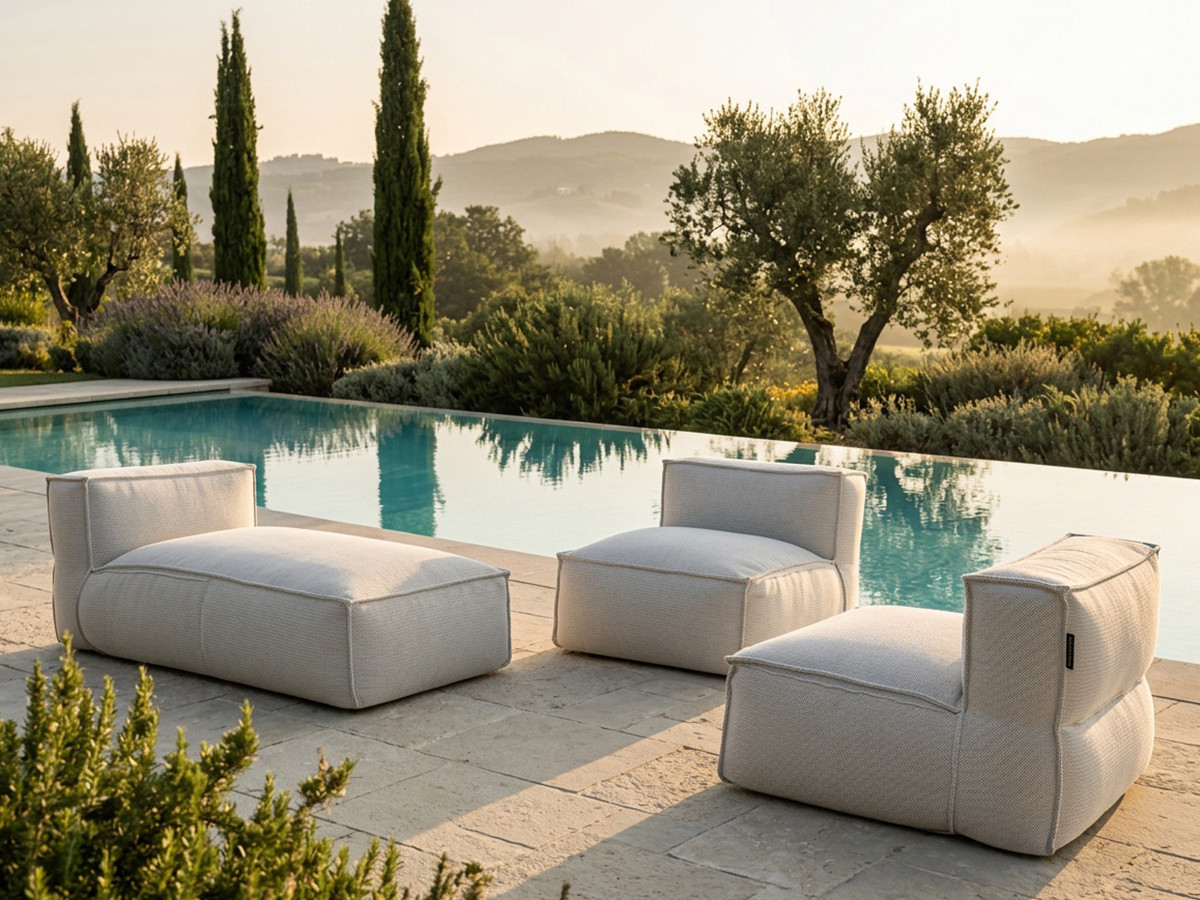Canapé de jardin modulable BIARRITZ avec bâche de protection, 2 chauffeuses 1 place et 1 méridienne