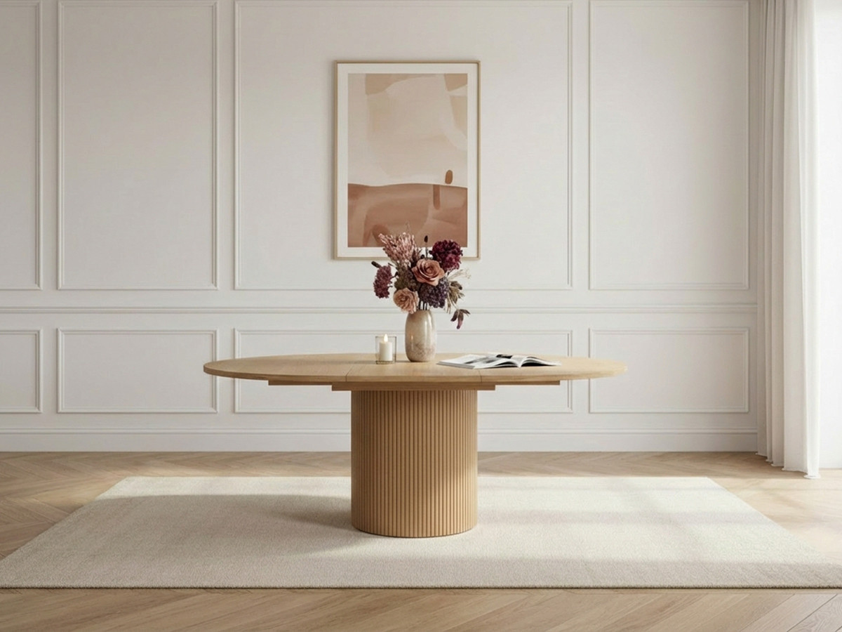 Table à manger extensible D.130 à D.180 cm SORMIOU placage chêne massif marron clair