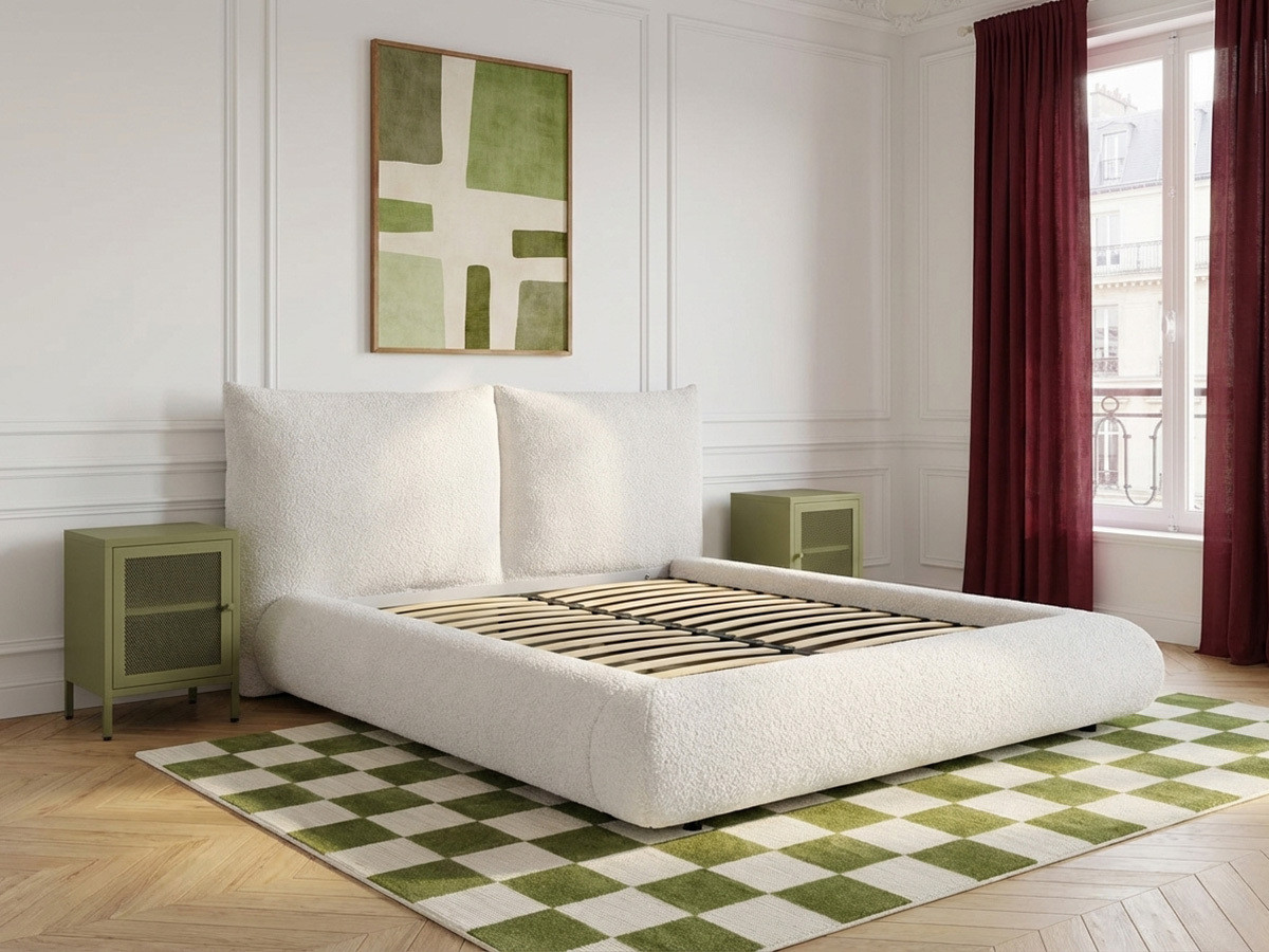 Laag bed JADEN in bouclé stof