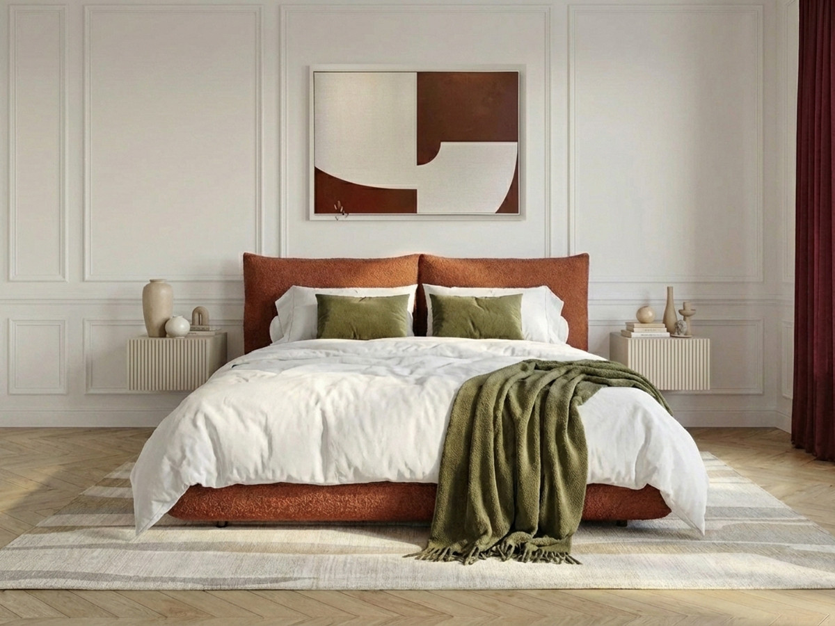 Laag bed JADEN in bouclé stof