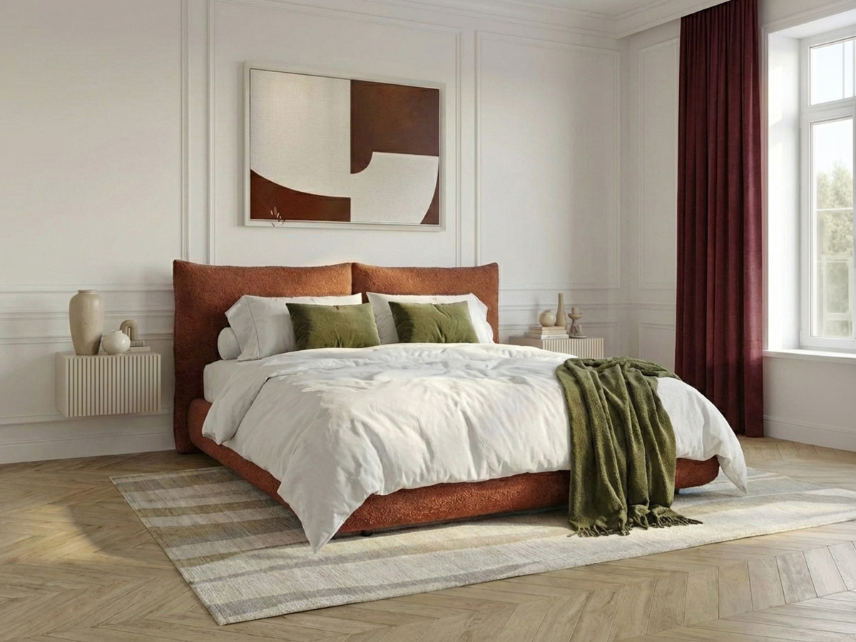 Laag bed JADEN in bouclé stof