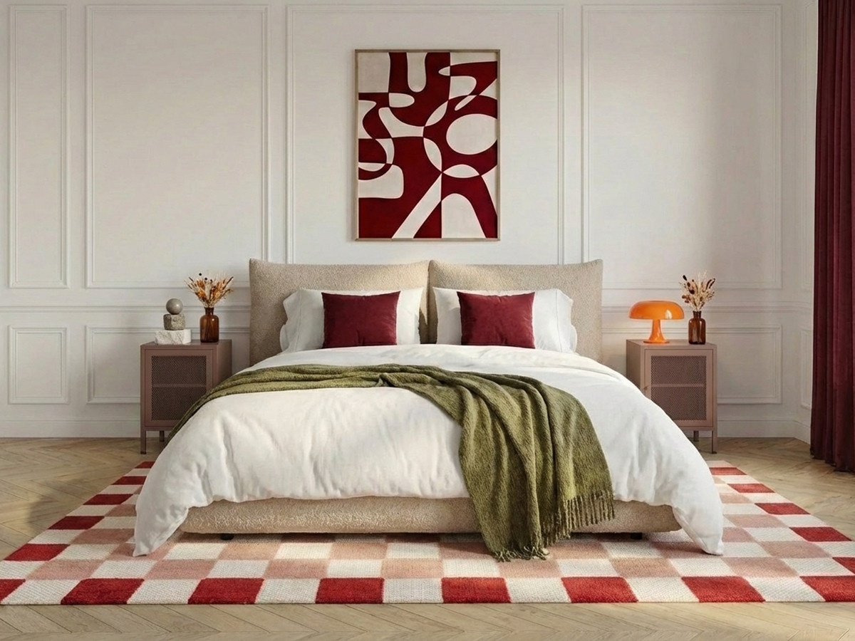 Laag bed JADEN in bouclé stof