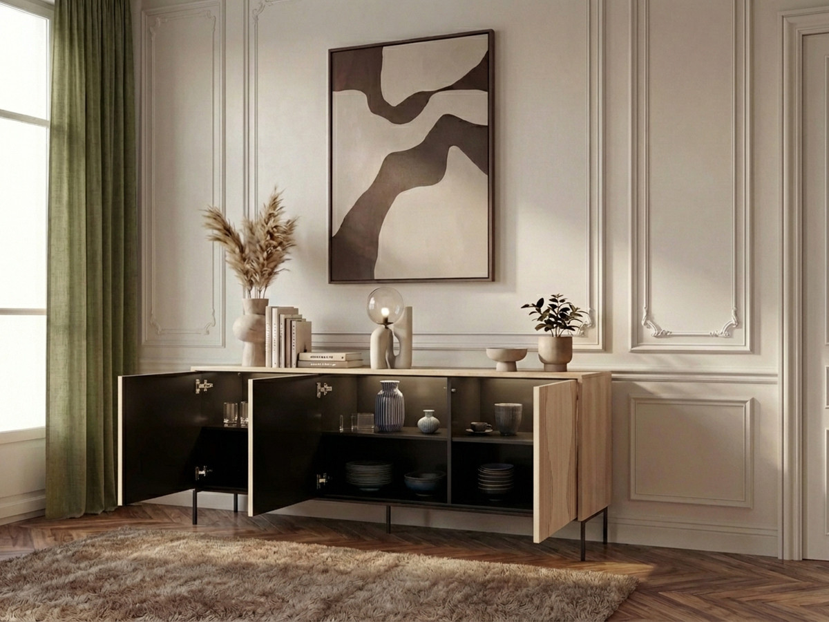FLORE dressoir met 3 deuren in eikenhoutlook met LED-verlichting
