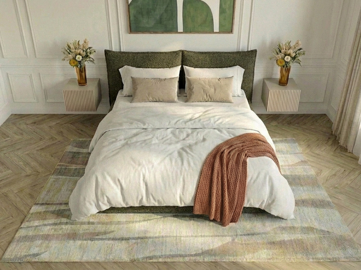 Laag bed JADEN in bouclé stof