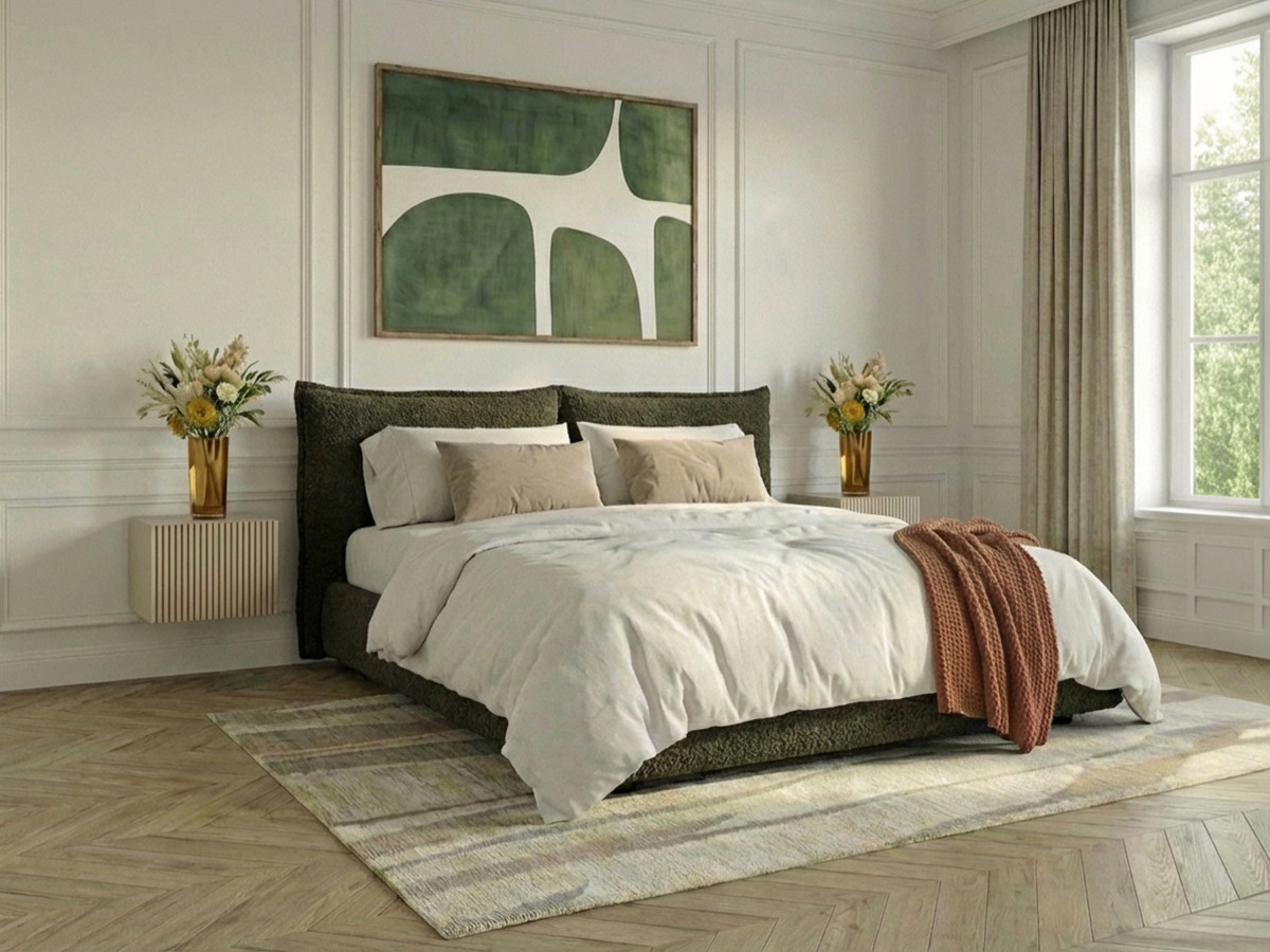 Laag bed JADEN in bouclé stof
