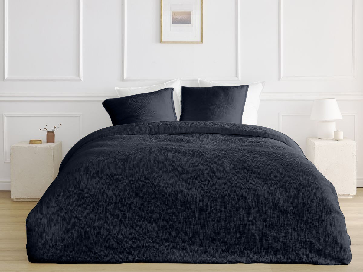 Parure de lit adulte en Gaze de coton HESTIA avec une housse de couette, taies d'oreiller bleu foncé — vue 4