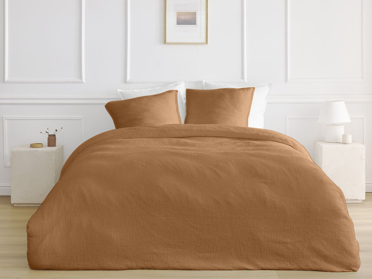 Parure de lit adulte en Gaze de coton HESTIA avec une housse de couette, taies d'oreiller ocre — vue 4