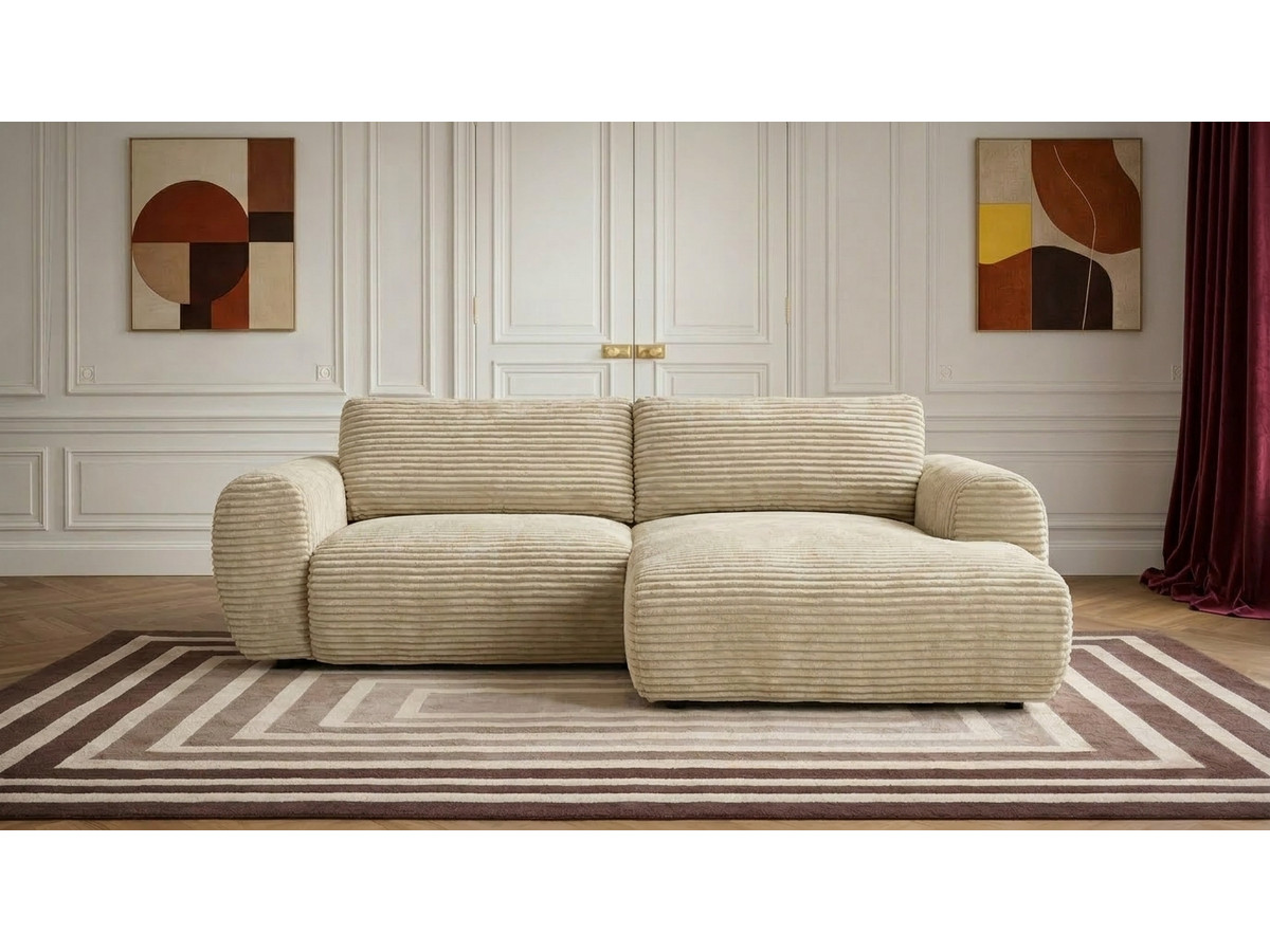 Canapé d'angle compact convertible coffre LUCIEN gros côtelé doux beige — vue 5