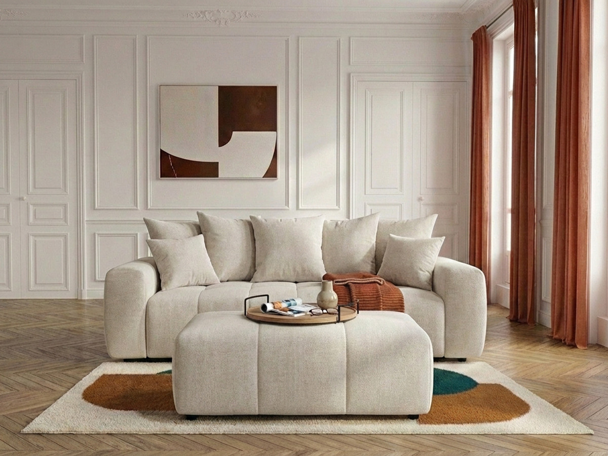 Canapé 3 places convertible ROXELANE chiné avec pouf beige — vue 4