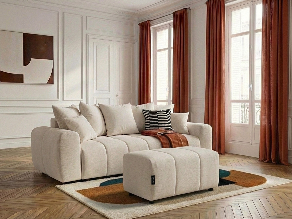 Canapé 3 places convertible ROXELANE tissu chiné avec pouf