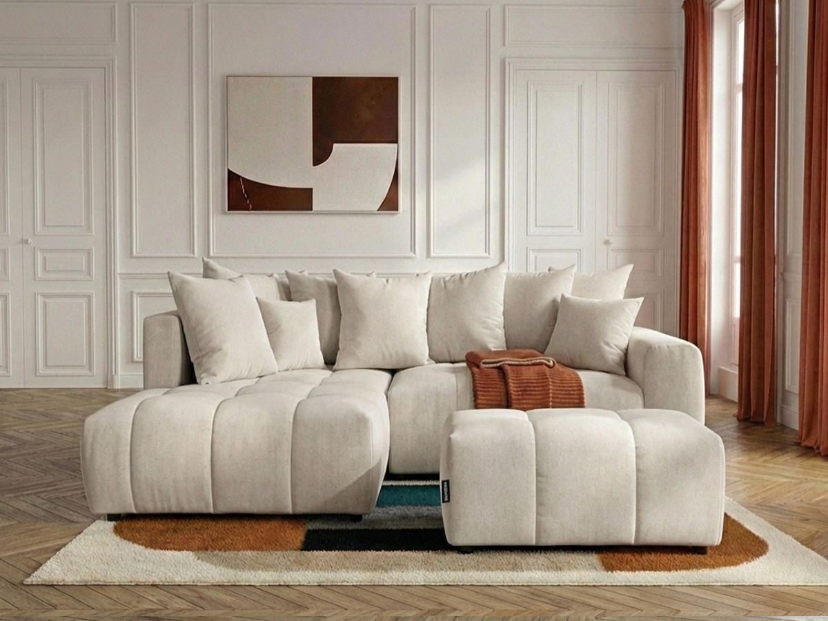 L-vormige slaapbank ROXELANE met opbergruimte en poef in gemêleerde stof