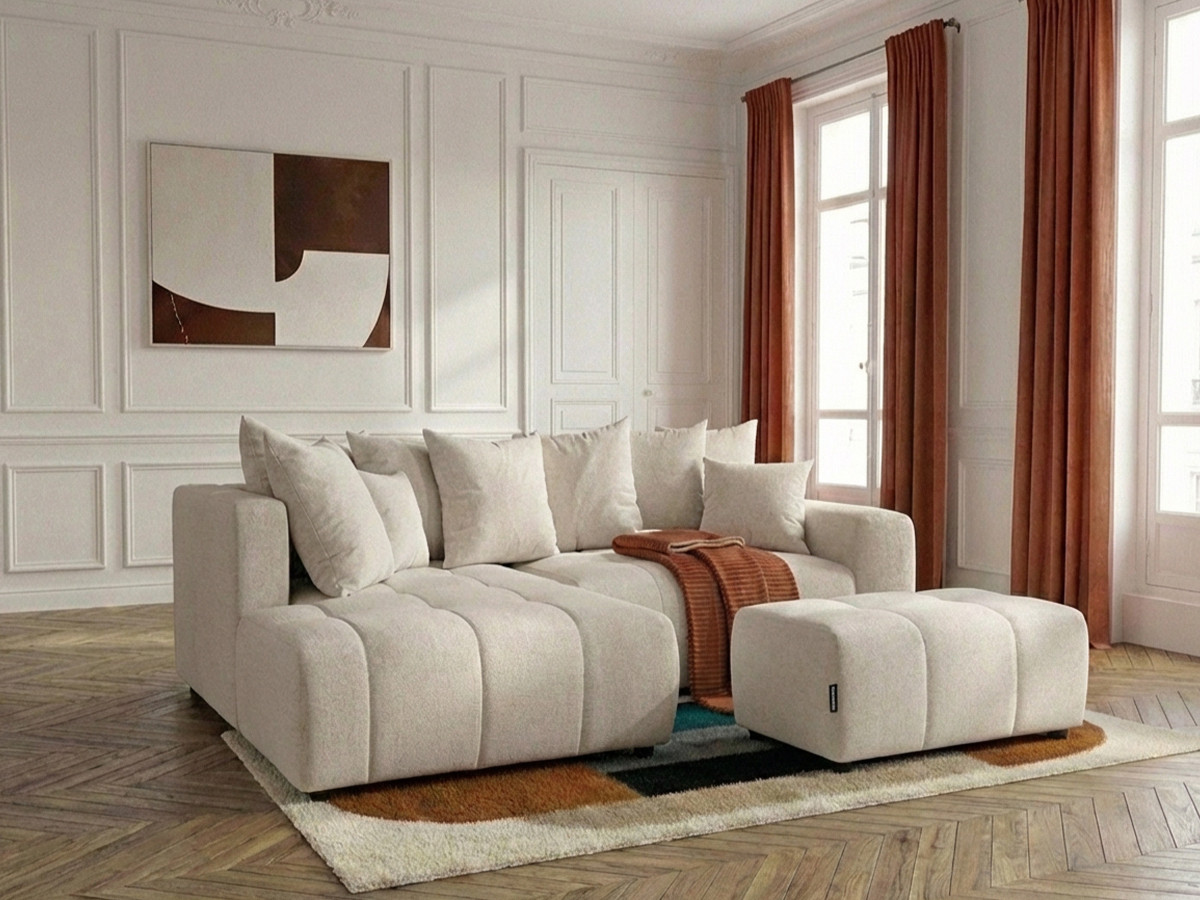 L-vormige slaapbank ROXELANE met opbergruimte en poef in gemêleerde stof