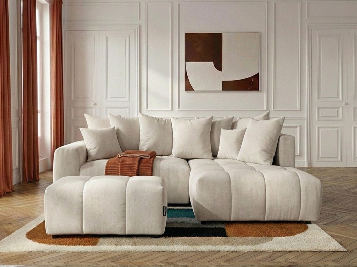 Canapé d'angle L convertible coffre ROXELANE chiné avec pouf beige — vue 4