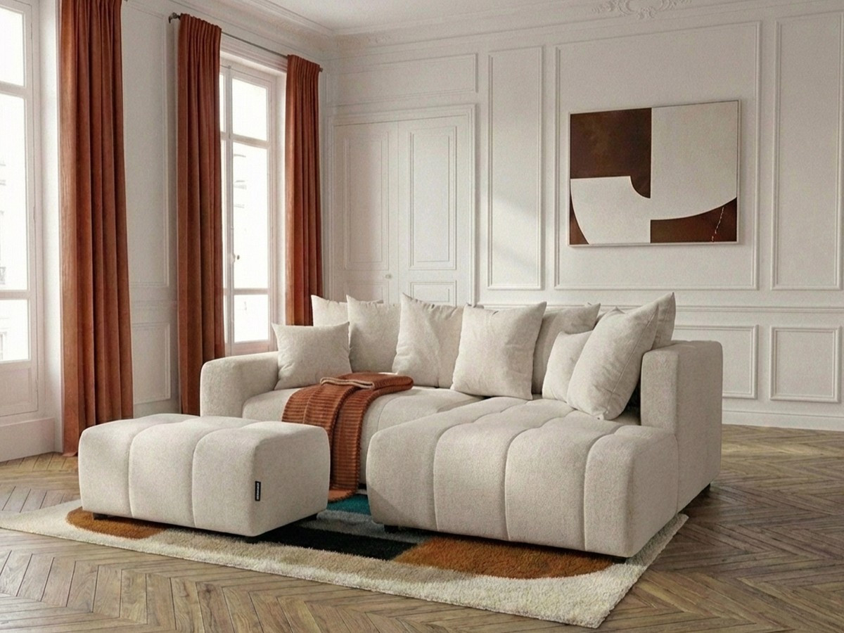 Canapé d'angle L convertible coffre ROXELANE tissu chiné avec pouf