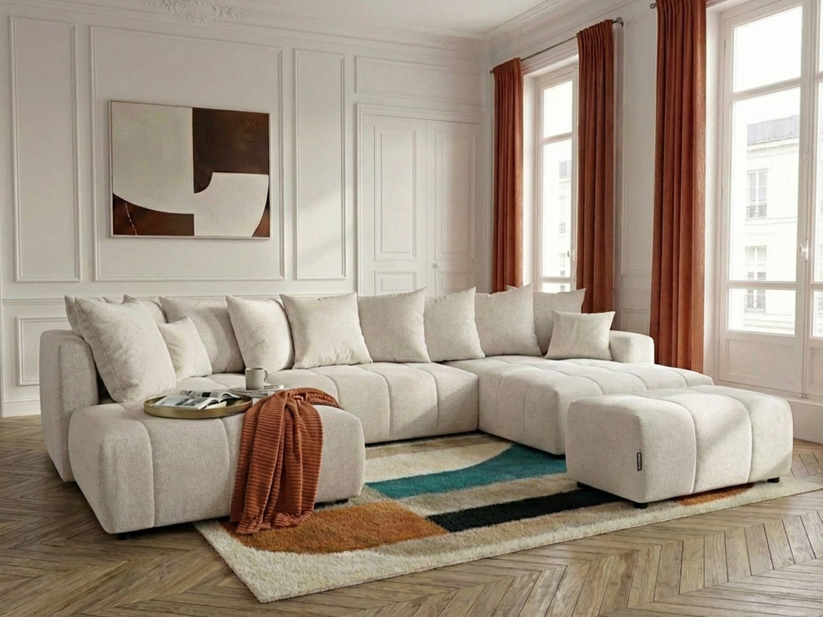 Canapé panoramique convertible ROXELANE tissu chiné avec pouf