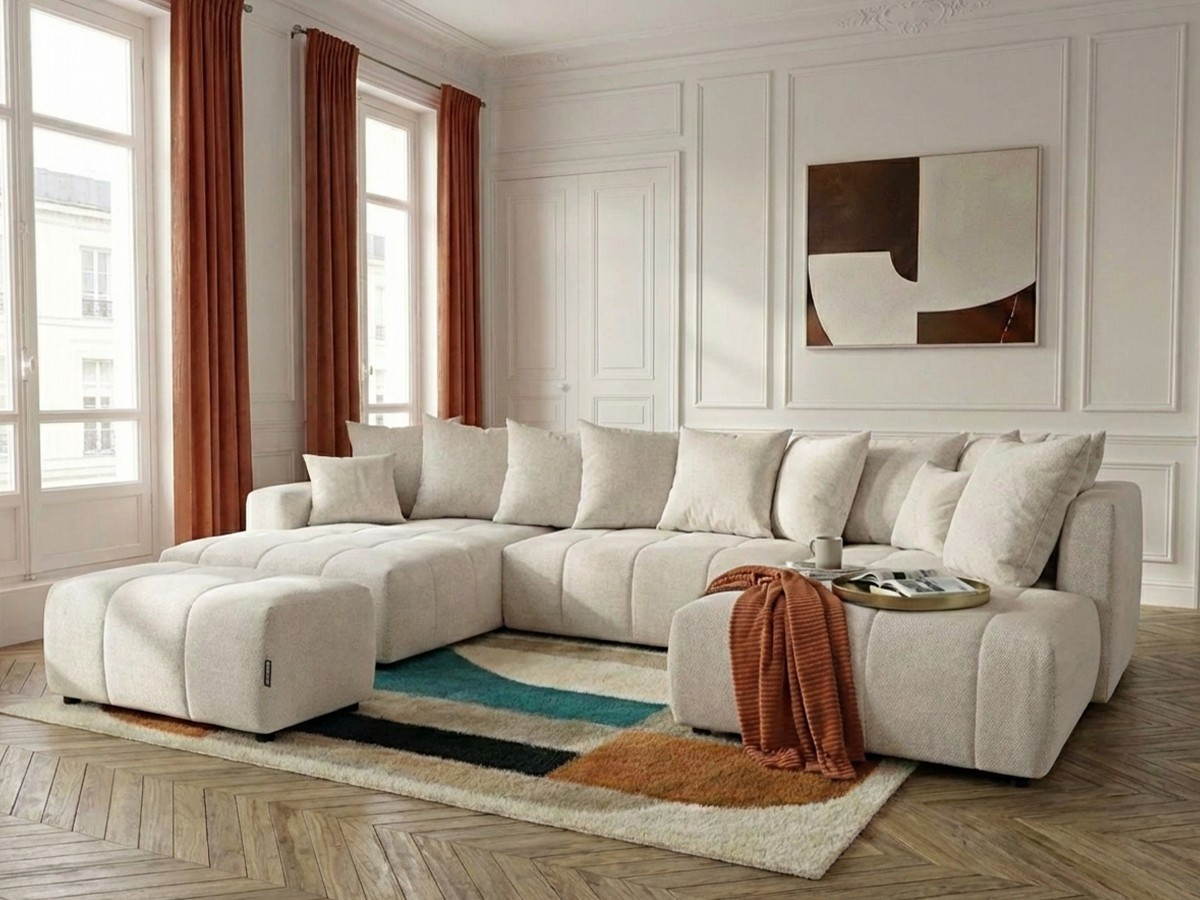 Canapé panoramique convertible ROXELANE tissu chiné avec pouf