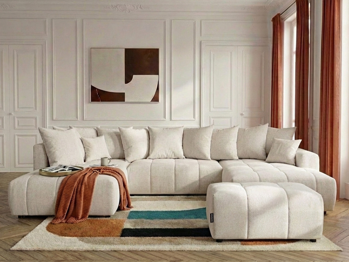 Canapé panoramique convertible ROXELANE chiné avec pouf beige — vue 4