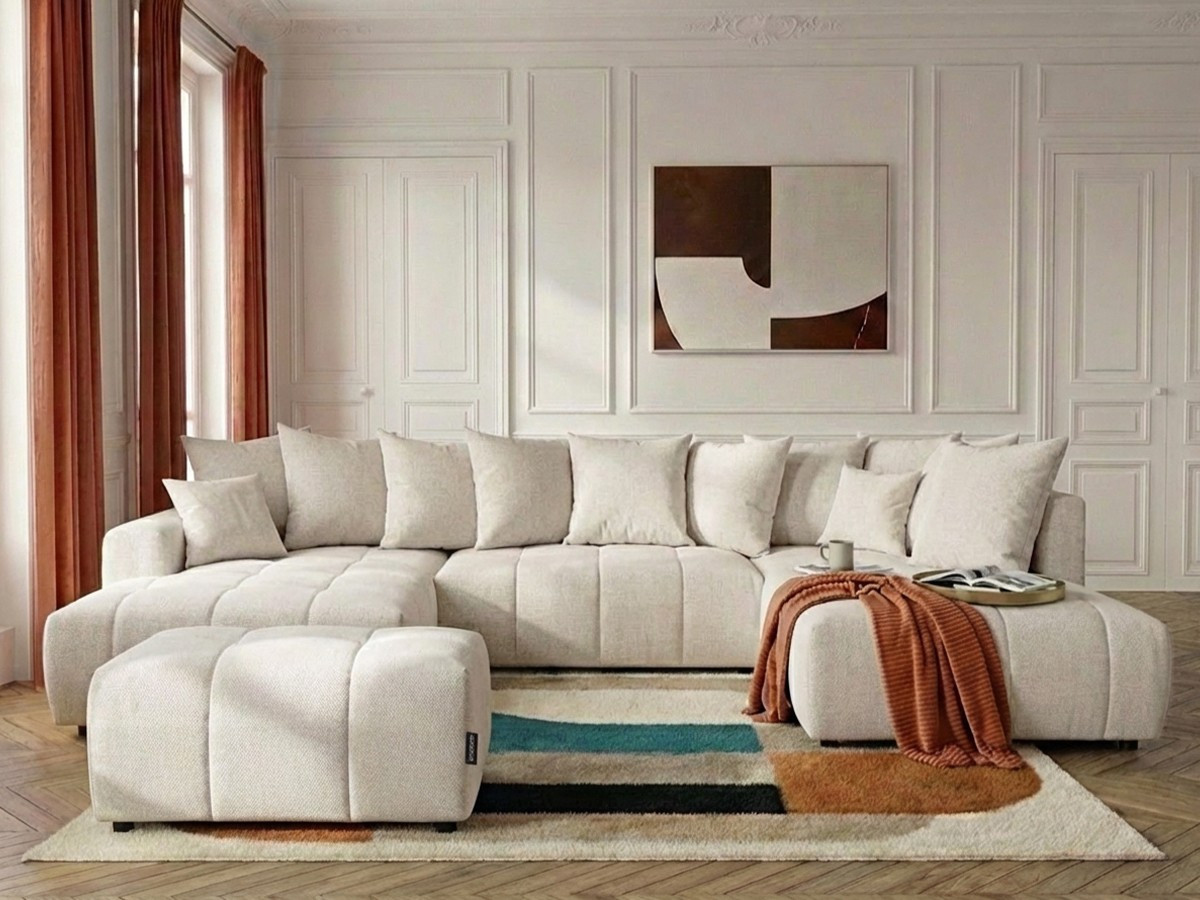 Canapé panoramique convertible ROXELANE tissu chiné avec pouf