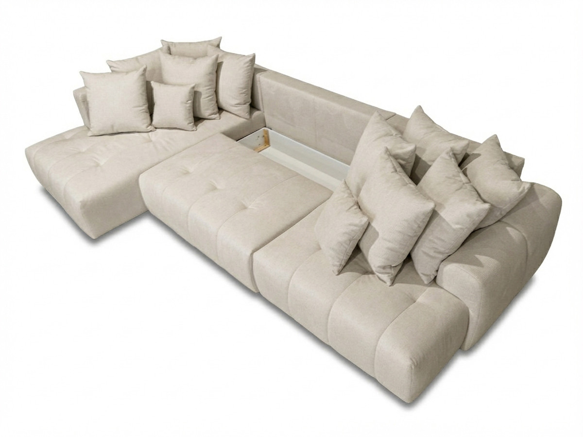 Canapé panoramique convertible ROXELANE chiné avec pouf beige — vue 5