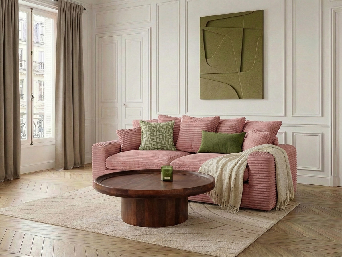 Canapé droit 3 places NEVADA gros côtelé doux rose