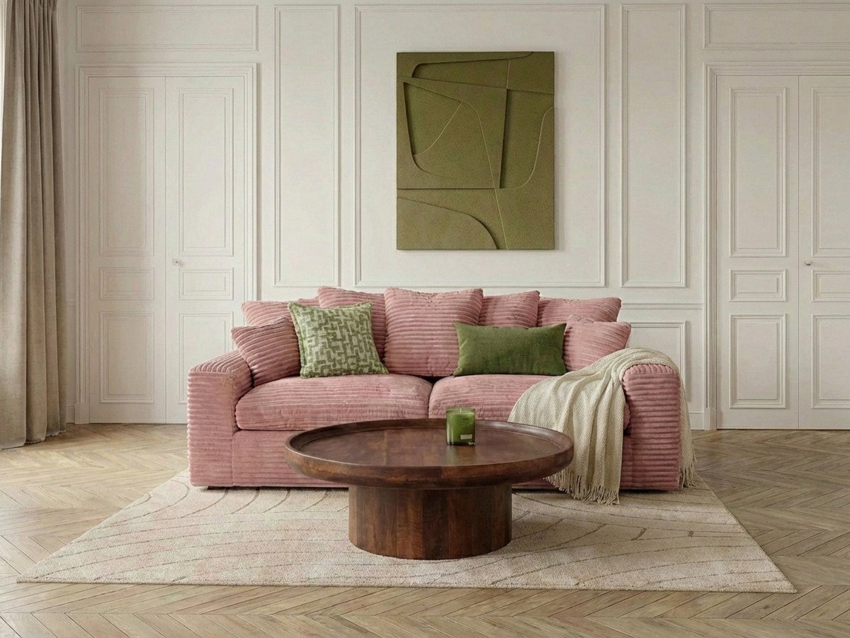 Canapé droit 3 places NEVADA gros côtelé doux rose — vue 4