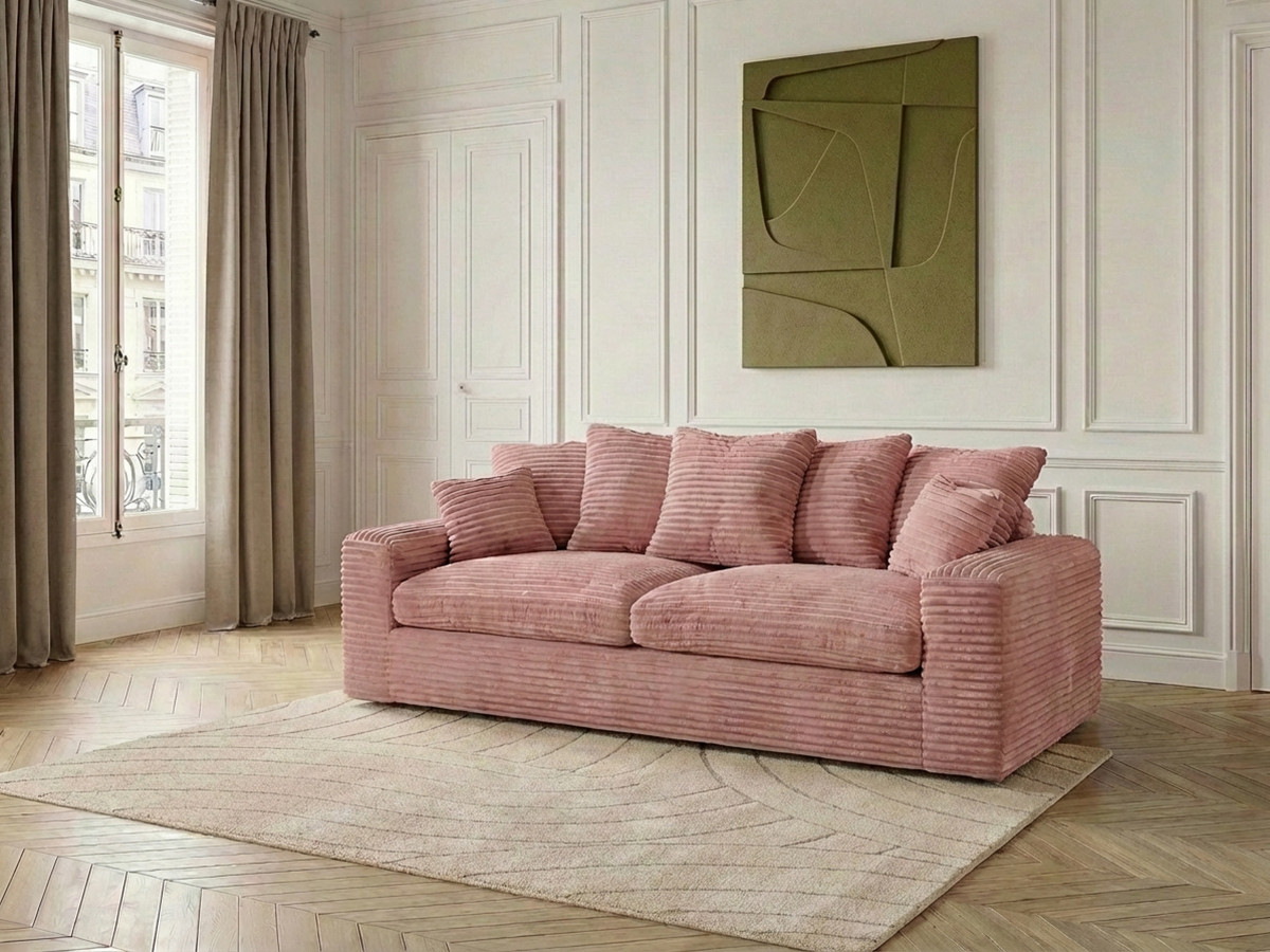 Canapé droit 3 places NEVADA gros côtelé doux rose — vue 5