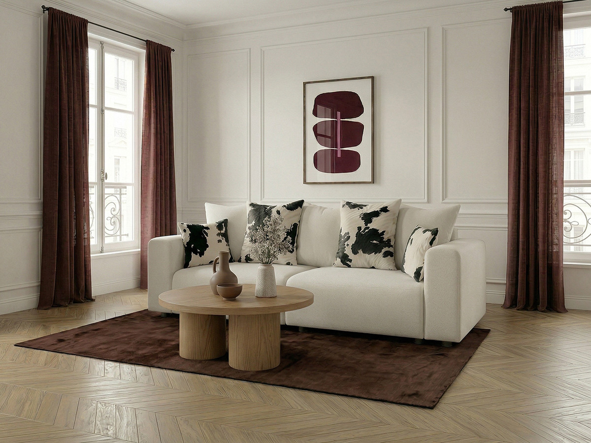 Canapé droit convertible SIDONIE avec coussins à motif vache