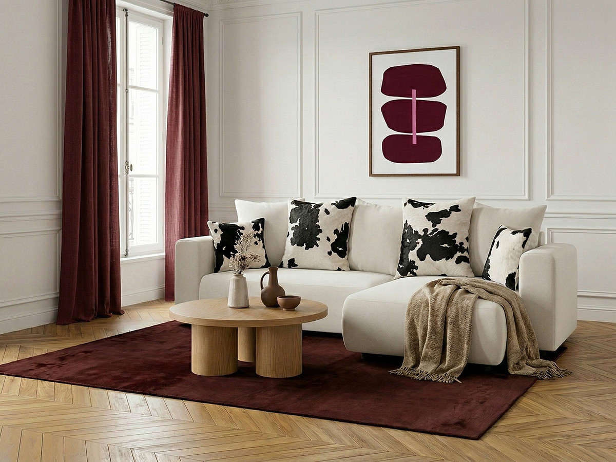 Canapé d'angle convertible réversible coffre SIDONIE avec coussins à motif vache