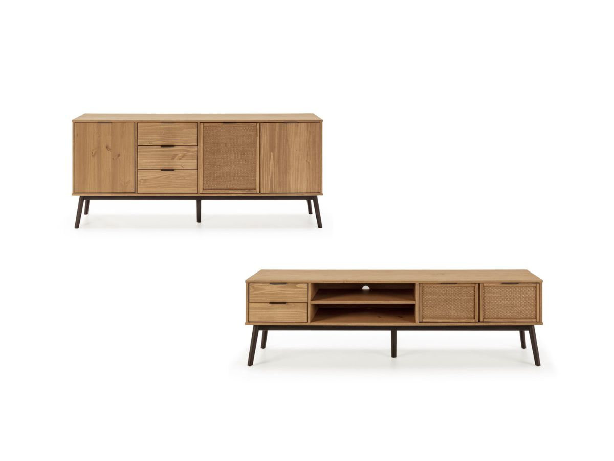 Ensemble ALBI avec buffet 186 cm + meuble TV 180 cm bois massif et rotin