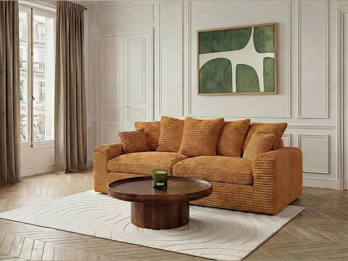 Canapé droit 3 places NEVADA gros côtelé doux ocre