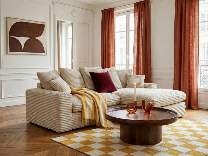 Canapé d'angle compact NEVADA gros côtelé doux