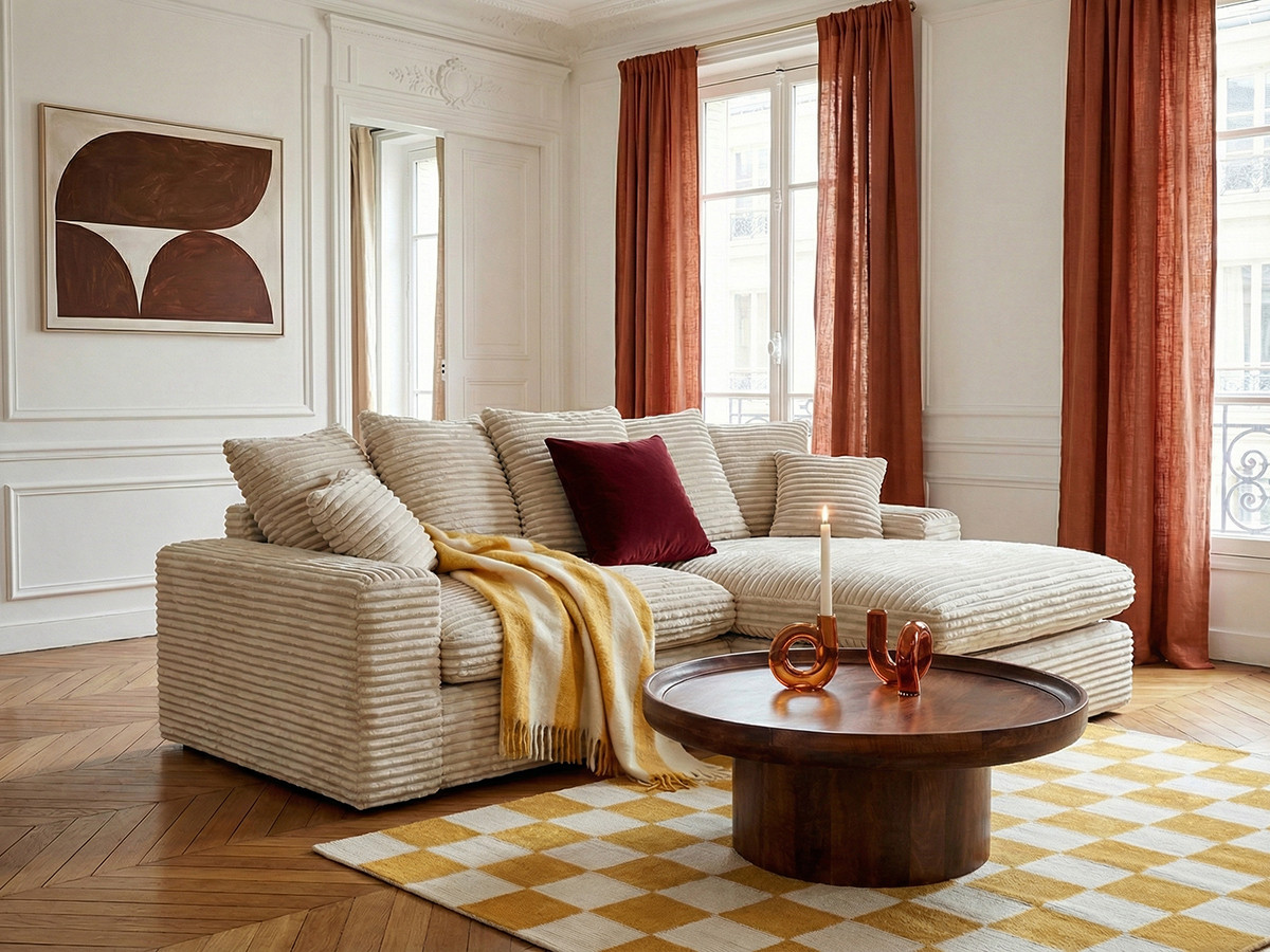 Canapé d'angle compact NEVADA gros côtelé doux