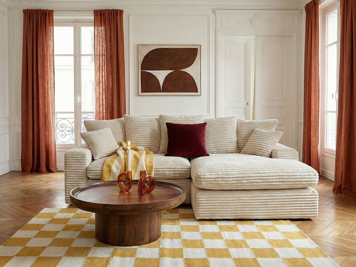 Canapé d'angle réversible compact NEVADA gros côtelé doux beige — vue 4