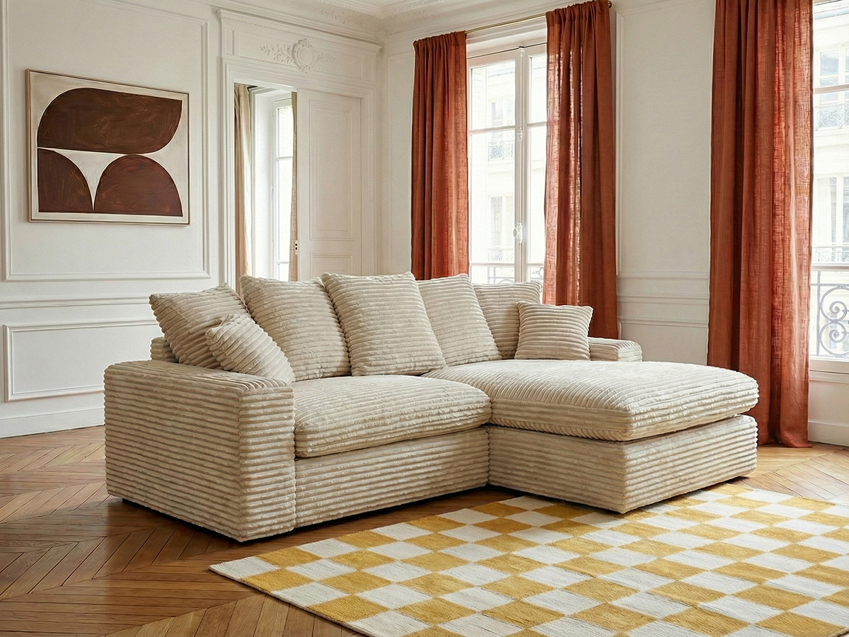 Canapé d'angle réversible compact NEVADA gros côtelé doux beige — vue 6