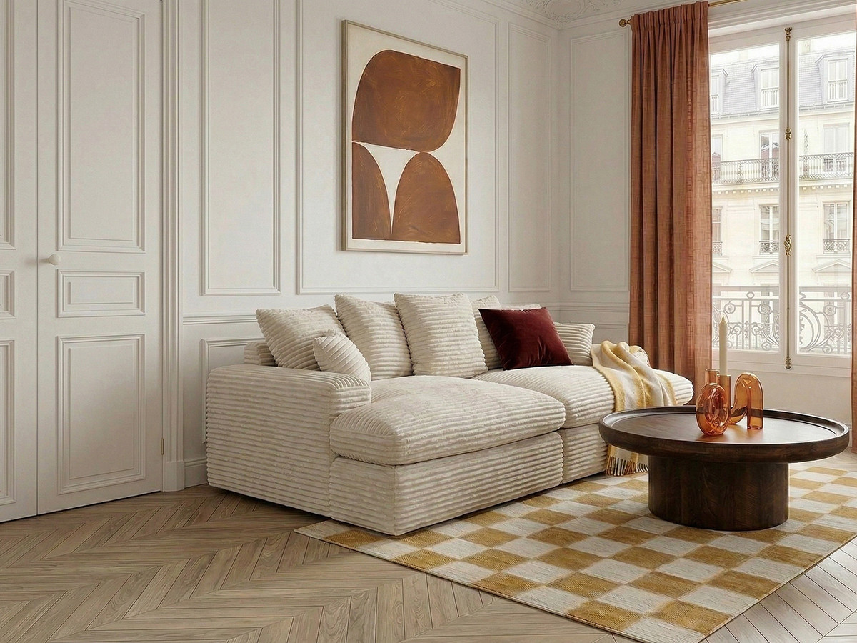 Canapé 3 places causeuse avec assise profonde NEVADA gros côtelé doux beige — vue 4