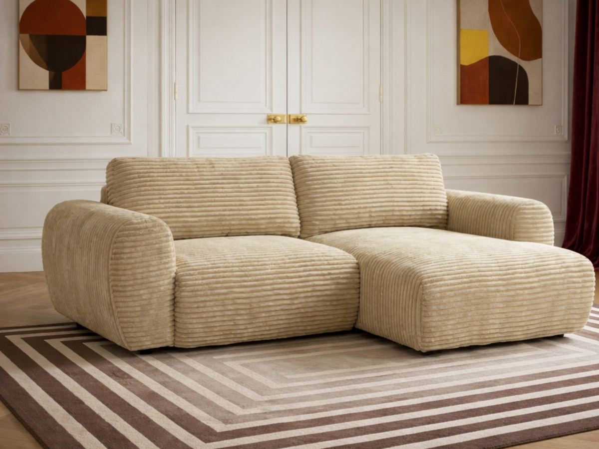 Canapé d'angle compact convertible coffre LUCIEN gros côtelé doux beige — vue 4