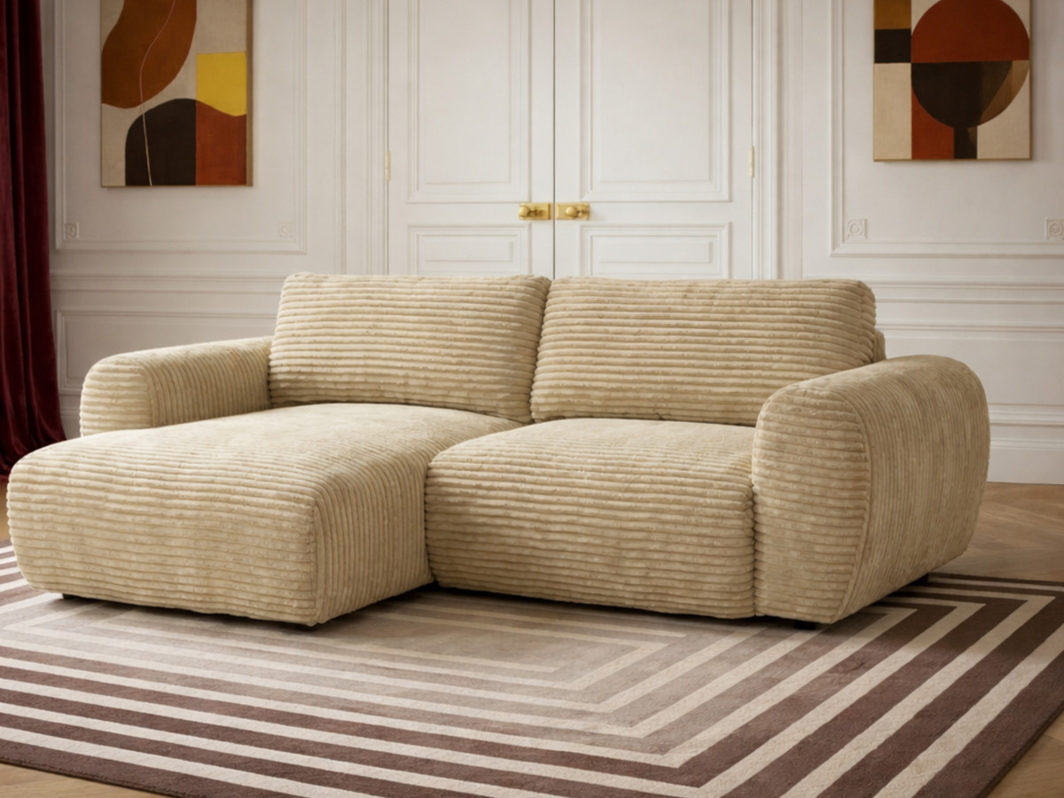 Canapé d'angle compact convertible coffre LUCIEN gros côtelé doux