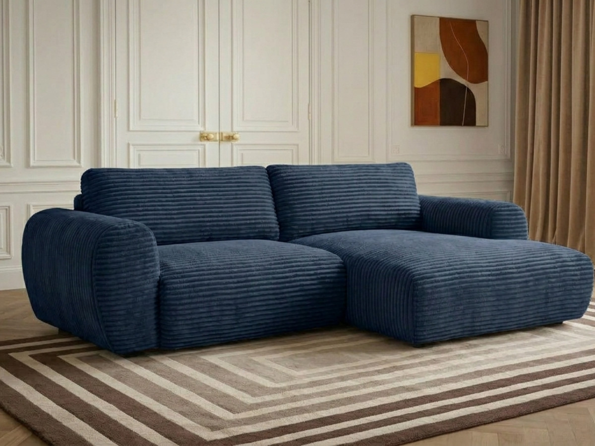 Canapé d'angle compact convertible coffre LUCIEN gros côtelé doux bleu foncé — vue 5