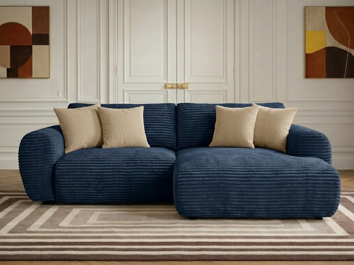 Canapé d'angle compact convertible coffre LUCIEN gros côtelé doux bleu foncé — vue 4